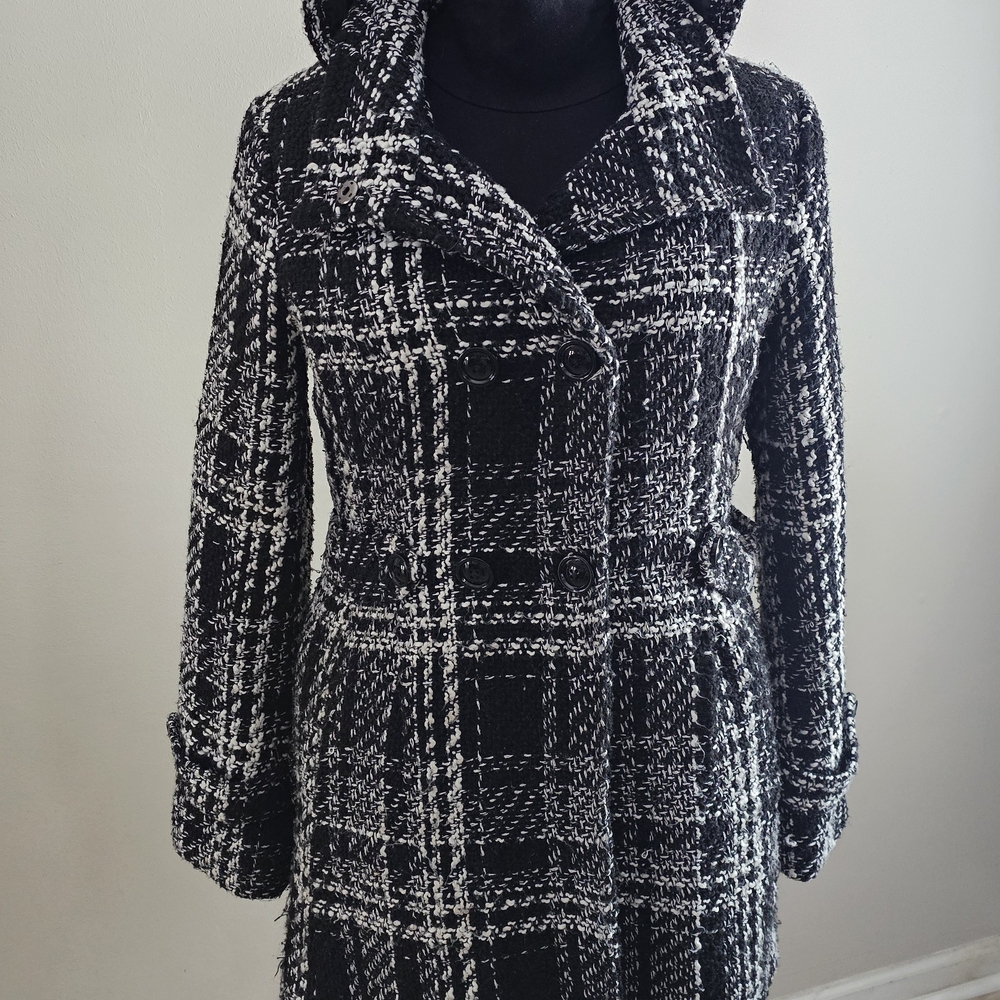 Sebby Collection Hooded Tweed Coat Black White Plaid Medium